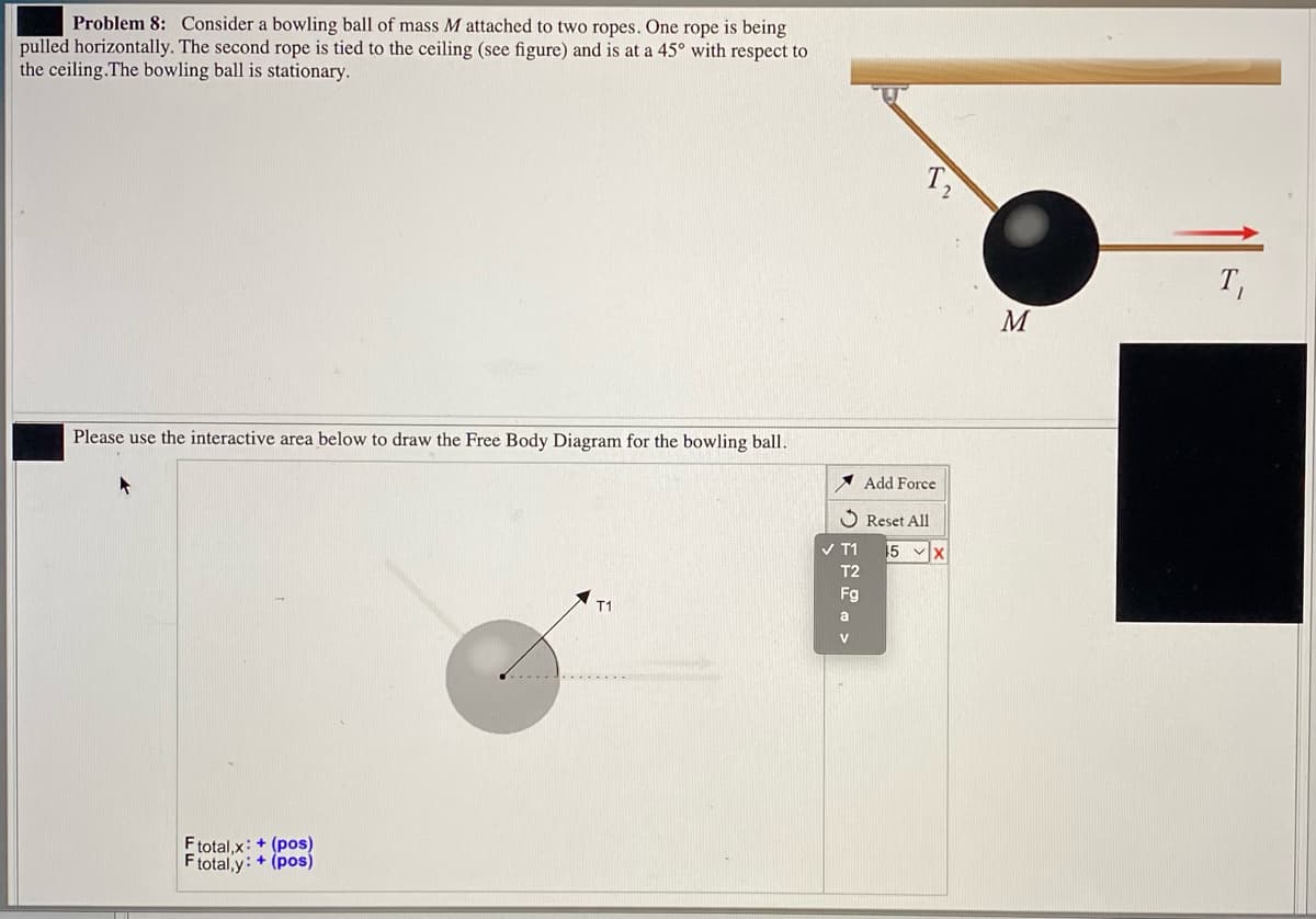 Problem 8: Consider a bowling ball of mass M attached to two ropes. One rope is being
pulled horizontally. The second rope is tied to the ceiling (see figure) and is at a 45° with respect to
the ceiling.The bowling ball is stationary.
T,
T,
M
Please use the interactive area below to draw the Free Body Diagram for the bowling ball.
* Add Force
O Reset All
V T1
15지
T2
Fg
T1
a
V
Ftotal,x: + (pos)
Ftotal, y: +
