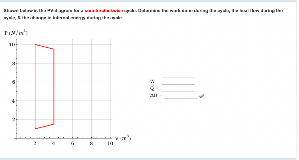 Shown below is the PV-diagram for a counterclockwise cycle. Determine the work done during the cycle, the heat flow during the
cycle, & the change in internal energy during the cycle.
P (N/m²)
10
8
6
W =
Q =
AU =
2
+ V (m³)
4
8
10
