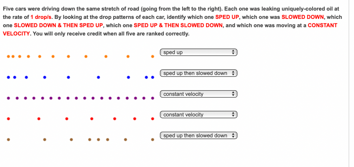 Five cars were driving down the same stretch of road (going from the left to the right). Each one was leaking uniquely-colored oil at
the rate of 1 drop/s. By looking at the drop patterns of each car, identify which one SPED UP, which one was SLOWED DOWN, which
one SLOWED DOWN & THEN SPED UP, which one SPED UP & THEN SLOWED DOWN, and which one was moving at a CONSTANT
VELOCITY. You will only receive credit when all five are ranked correctly.
sped up
sped up then slowed down +
constant velocity
constant velocity
sped up then slowed down
