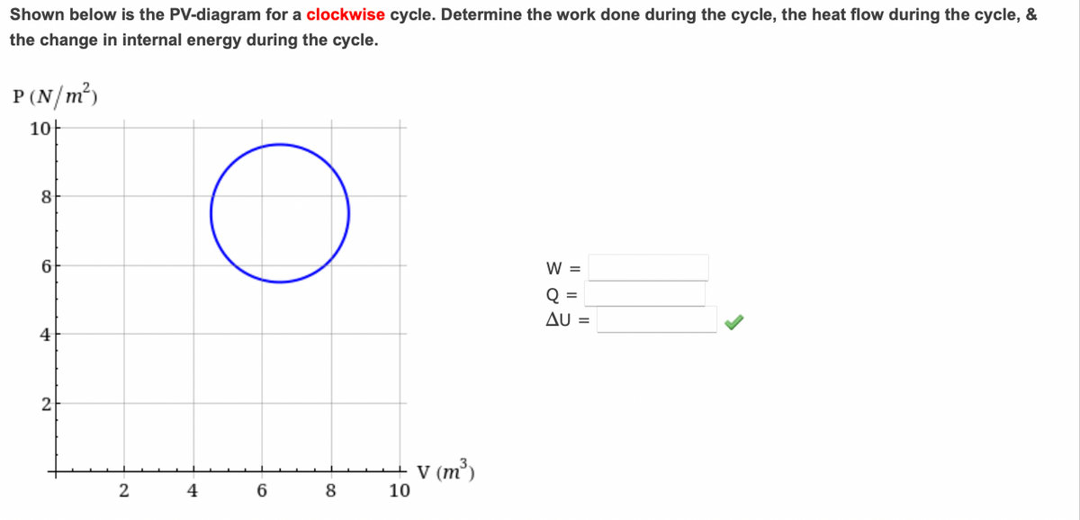 Shown below is the PV-diagram for a clockwise cycle. Determine the work done during the cycle, the heat flow during the cycle, &
the change in internal energy during the cycle.
P (N/m²)
10-
8
W =
Q =
AU =
4
2
V (m³)
2
4
6
8
10
