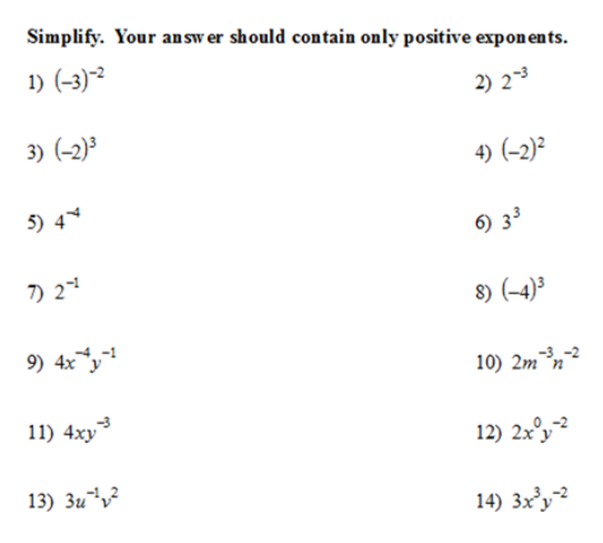 Simplify. Your an sw er should contain only positive expon ents.
1) (-3)~²
2) 23
3) (-2)³
4) (-2)²
