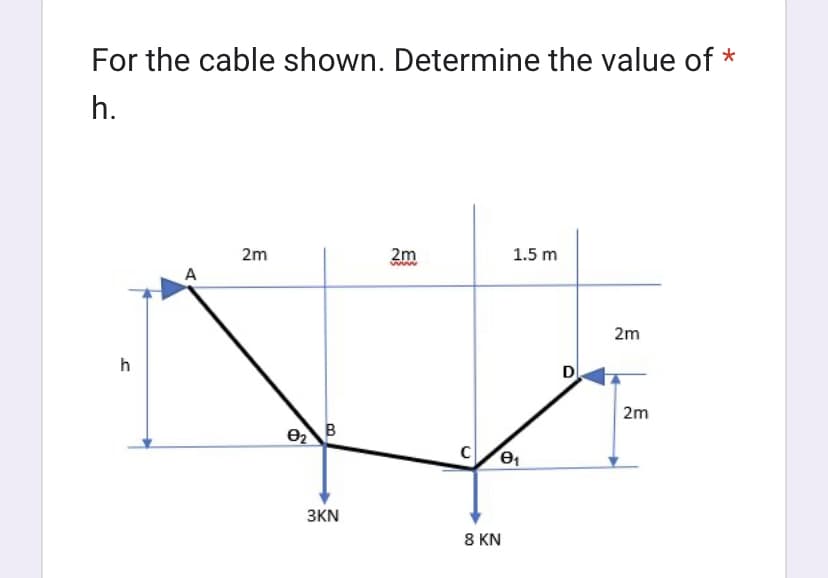 For the cable shown. Determine the value of *
h.
h
A
2m
92 B
3KN
2m
1.5 m
C e₁
8 KN
D
2m
2m