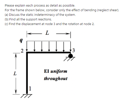 Please explain each process as detail as possible.
For the frame shown below, consider only the effect of bending (neglect shear).
(a) Discuss the static indeterminacy of the system.
(b) Find all the support reactions.
(C) Find the displacement at node 3 and the rotation at node 2.
El uniform
L
throughout
1
