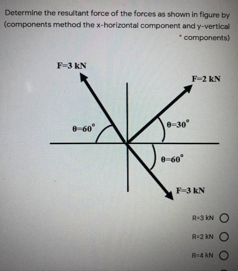 Determine the resultant force of the forces as shown in figure by
(components method the x-horizontal component and y-vertical
components)
F=3 kN
F=2 kN
0=60°
0-30°
0-60°
F=3 kN
R=3 kN O
R=2 kN O
R=4 kN
