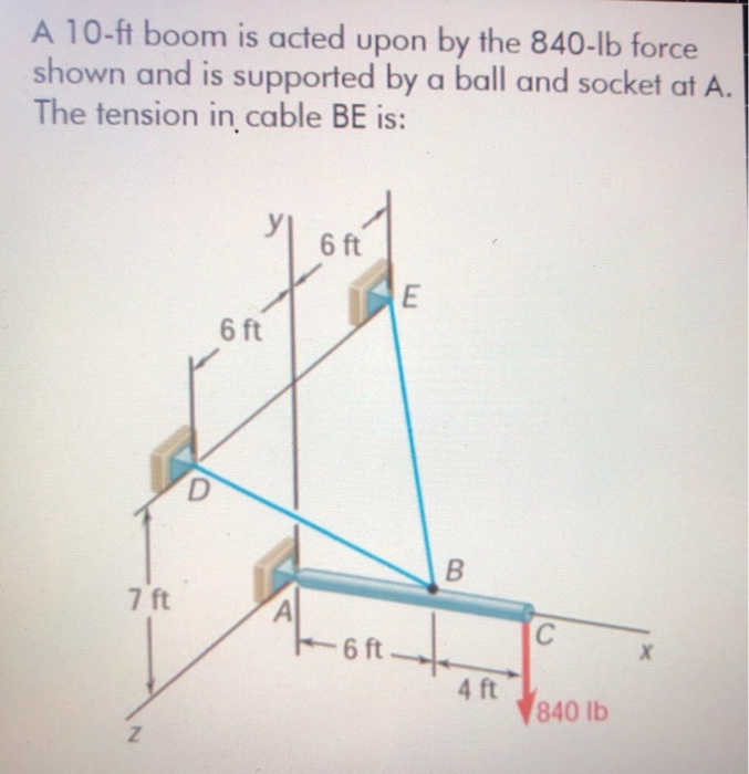 A 10-ft boom is acted upon by the 840-lb force
shown and is supported by a ball and socket at A.
The tension in cable BE is:
6 ft
6 ft
D.
7 ft
A
6 ft
4 ft
840 lb
