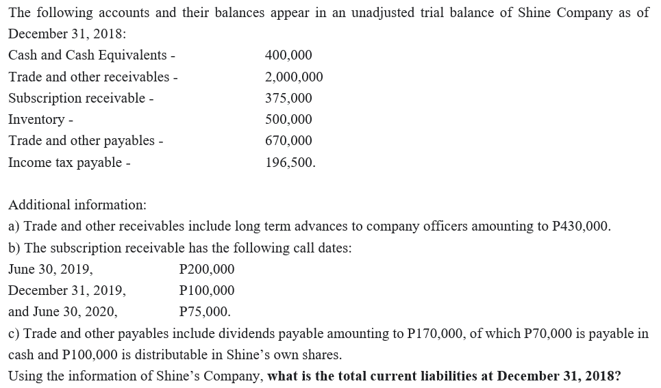 The following accounts and their balances appear in an unadjusted trial balance of Shine Company as of
December 31, 2018:
Cash and Cash Equivalents -
400,000
Trade and other receivables -
2,000,000
Subscription receivable -
375,000
Inventory -
500,000
Trade and other payables -
670,000
Income tax payable -
196,500.
Additional information:
a) Trade and other receivables include long term advances to company officers amounting to P430,000.
b) The subscription receivable has the following call dates:
June 30, 2019,
P200,000
December 31, 2019,
P100,000
and June 30, 2020,
P75,000.
c) Trade and other payables include dividends payable amounting to P170,000, of which P70,000 is payable in
cash and P100,000 is distributable in Shine's own shares.
Using the information of Shine's Company, what is the total current liabilities at December 31, 2018?
