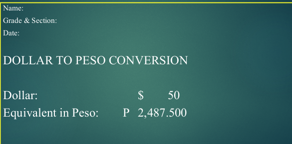 Name:
Grade & Section:
Date:
DOLLAR TO PESO CONVERSION
Dollar:
$
$ 50
Equivalent in Peso:
P 2,487.500
