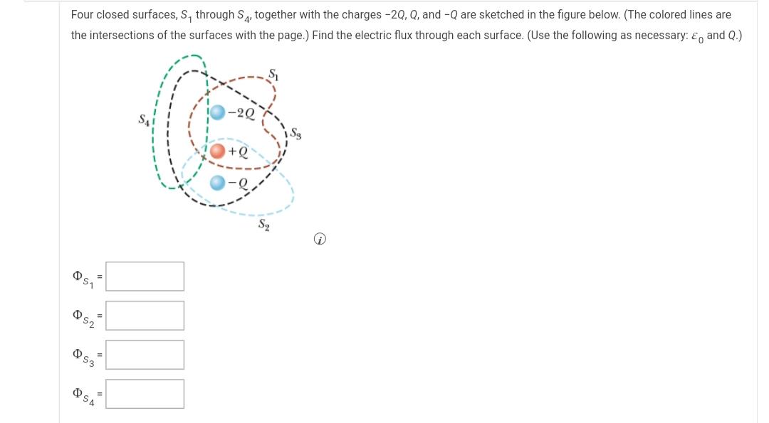 Four closed surfaces, S, through S, together with the charges -2Q, Q, and -Q are sketched in the figure below. (The colored lines are
the intersections of the surfaces with the page.) Find the electric flux through each surface. (Use the following as necessary: E, and Q.)
-2Q
+Q
OSA
