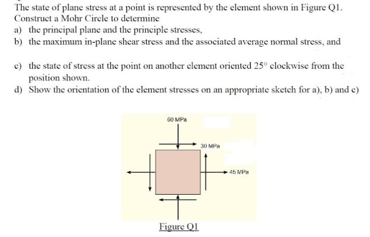 The state of plane stress at a point is represented by the element shown in Figure Q1.
Construct a Mohr Cirele to determine
a) the principal plane and the principle stresses,
b) the maximum in-plane shear stress and the associated average normal stress, and
c) the state of stress at the point on another element oriented 25° clockwise from the
position shown.
d) Show the orientation of the element stresses on an appropriate sketch for a), b) and c)
60 MPa
30 MPa
45 MPa
Figure Q1

