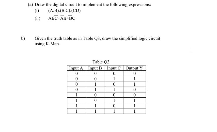 (a) Draw the digital circuit to implement the following expressions:
(i)
(A.B).(B.C).(CD)
(ii)
ABC+AB+BC
b)
Given the truth table as in Table Q3, draw the simplified logic circuit
using K-Map.
Table Q3
Input A Input B Input C
Output Y
1
1
1
1
1
1
1
1
1
1
1
1
1
1
1
1
1
