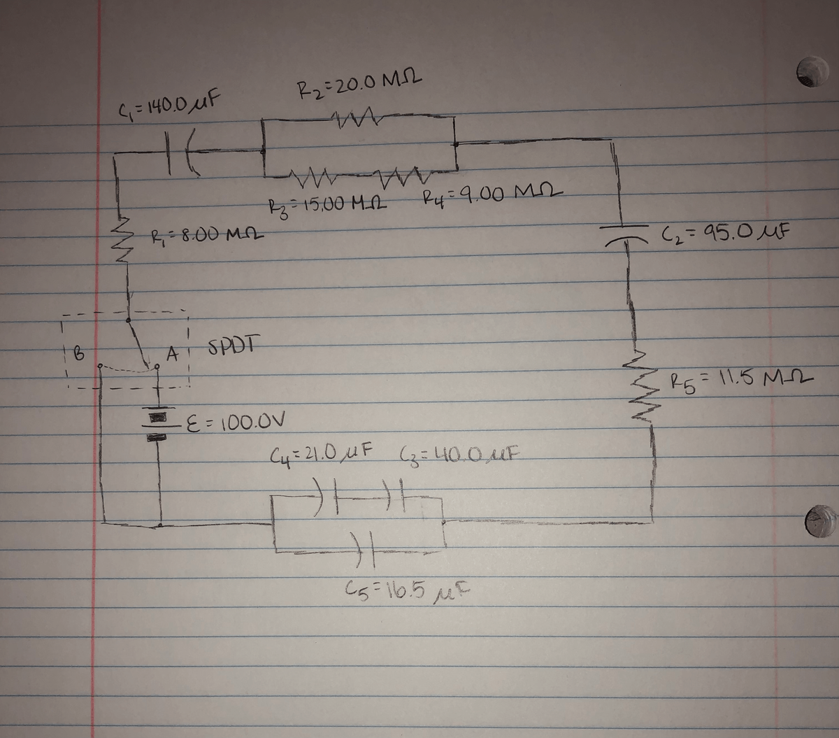 R2=20.0 ML
S=140.0uF
3=75,00 M_A
Ry=9,00M
ZR-8.00MA
(z=95.0 UF
AT SPDT
E = 100.0V
R5=11.5 M
Cy=21.0,uF (3= 40.0,MF
(एु3 LO O 4
Cg=1b.5 MF
