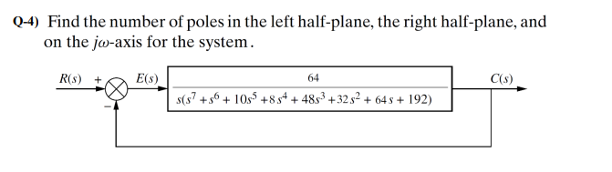 Q-4) Find the number of poles in the left half-plane, the right half-plane, and
on the jw-axis for the system.
R(s) +
E(s)
64
C(s)
s(s7 +s6 + 10s5 +8 s4 + 48s3 +32 s2+ 64 s + 192)
