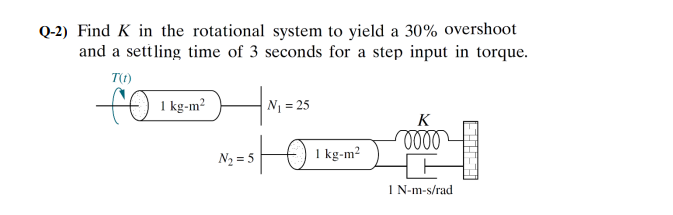 Q-2) Find K in the rotational system to yield a 30% overshoot
and a settling time of 3 seconds for a step input in torque.
T(1)
N1 = 25
K
N2 = 5
sO I kg-m?
I N-m-s/rad
