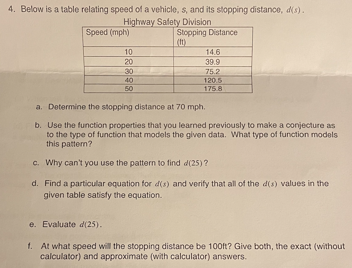 4. Below is a table relating speed of a vehicle, s, and its stopping distance, d(s).
Highway Safety Division
Stopping Distance
(ft)
Speed (mph)
10
14.6
20
39.9
30
75.2
40
120.5
50
175.8
a. Determine the stopping distance at 70 mph.
b. Use the function properties that you learned previously to make a conjecture as
to the type of function that models the given data. What type of function models
this pattern?
C. Why can't you use the pattern to find d(25)?
d. Find a particular equation for d(s) and verify that all of the d(s) values in the
given table satisfy the equation.
e. Evaluate d(25).
f. At what speed will the stopping distance be 100ft? Give both, the exact (without
calculator) and approximate (with calculator) answers.
