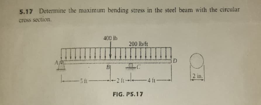5.17 Determine the maximum bending stress in the steel beam with the circular
cross section.
400 lb
200 lb/ft
D.
A
BỊ
2 in.
5 ft-
FIG. P5.17
