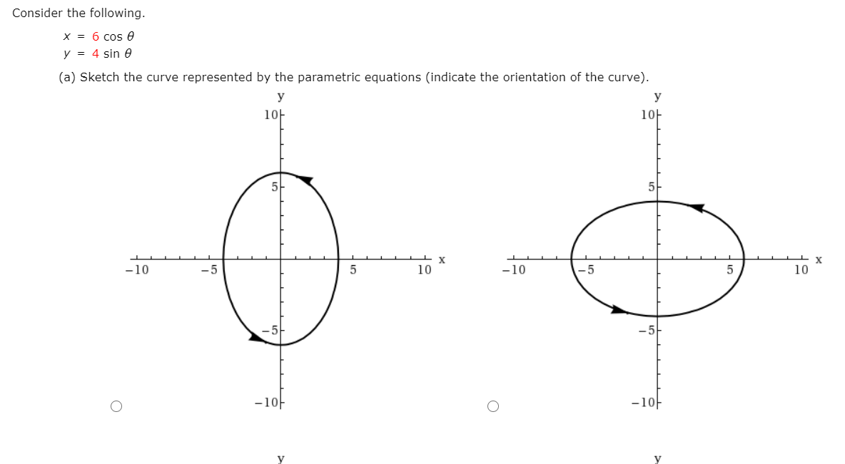 Consider the following.
x = 6 cos e
y = 4 sin e
(a) Sketch the curve represented by the parametric equations (indicate the orientation of the curve).
y
y
10-
10-
5-
X
10
X
-10
10
-10
-10-
-10-
