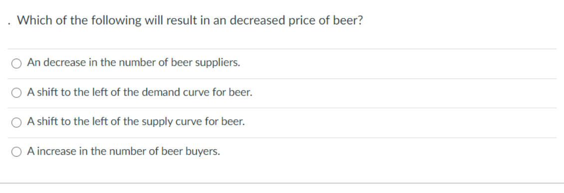 Which of the following will result in an decreased price of beer?
An decrease in the number of beer suppliers.
A shift to the left of the demand curve for beer.
A shift to the left of the supply curve for beer.
A increase in the number of beer buyers.
