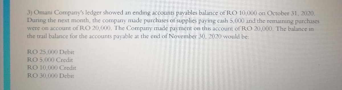 3) Omani Company's ledger showed an ending accounts payables balance of RO 10,000 on October 31, 2020.
During the next month, the company made purchases of supplies paying cash 5,000 and the remaining purchases
were on account of RO 20,000. The Company made payment on this account of RO 20,000. The balance in
the trail balance for the accounts payable at the end of November 30, 2020 would be:
RO 25,000 Debit
RO 5,000 Credit
RO 10,000 Credit
RO 30,000 Debit
