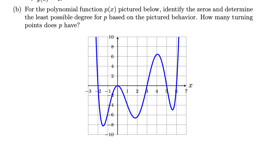 (b) For the polynomial function p(x) pictured below, identify the zeros and determine
the least possible degree for p based on the pictured behavior. How many turning
points does p have?
10
4
-3 2 -1
2
4
-8
10
