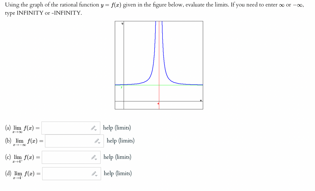 Using the graph of the rational function y = f(x) given in the figure below, evaluate the limits. If you need to enter oo or -o,
type INFINITY or -INFINITY.
(a) lim f(x) =
, help (limits)
(b) lim f(x) :
help (limits)
(c) lim f(x) =
8 help (limits)
x→4+
(d) lim f(x) =
8, help (limits)
x→4-
