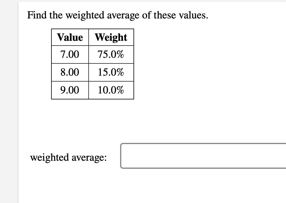 Find the weighted average of these values.
Value Weight
7.00
75.0%
8.00
15.0%
9.00
10.0%
weighted average:
