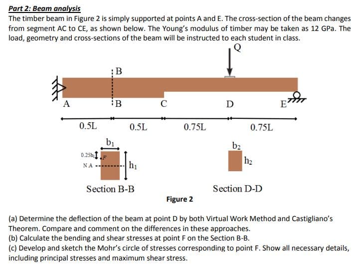 Part 2: Beam analysis
The timber beam in Figure 2 is simply supported at points A and E. The cross-section of the beam changes
from segment AC to CE, as shown below. The Young's modulus of timber may be taken as 12 GPa. The
load, geometry and cross-sections of the beam will be instructed to each student in class.
B
A
:B
C
D
E
0.5L
0.5L
0.75L
0.75L
bị
0.25hI
b2
h2
NA
hị
Section B-B
Section D-D
Figure 2
(a) Determine the deflection of the beam at point D by both Virtual Work Method and Castigliano's
Theorem. Compare and comment on the differences in these approaches.
(b) Calculate the bending and shear stresses at point F on the Section B-B.
(c) Develop and sketch the Mohr's circle of stresses corresponding to point F. Show all necessary details,
including principal stresses and maximum shear stress.
