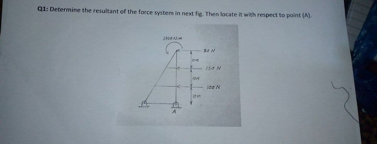 Q1: Determine the resultant of the force system in next fig. Then locate it with respect to point (A).
1000 N.m
80 N
1om
150 N
100 N
10m
A
