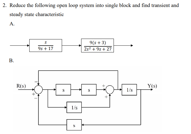 2. Reduce the following open loop system into single block and find transient and
steady state characteristic
А.
9(s + 3)
9s + 17
2s2 + 9s + 27
В.
R(s)
Y(s)
1/s
+
1/s
