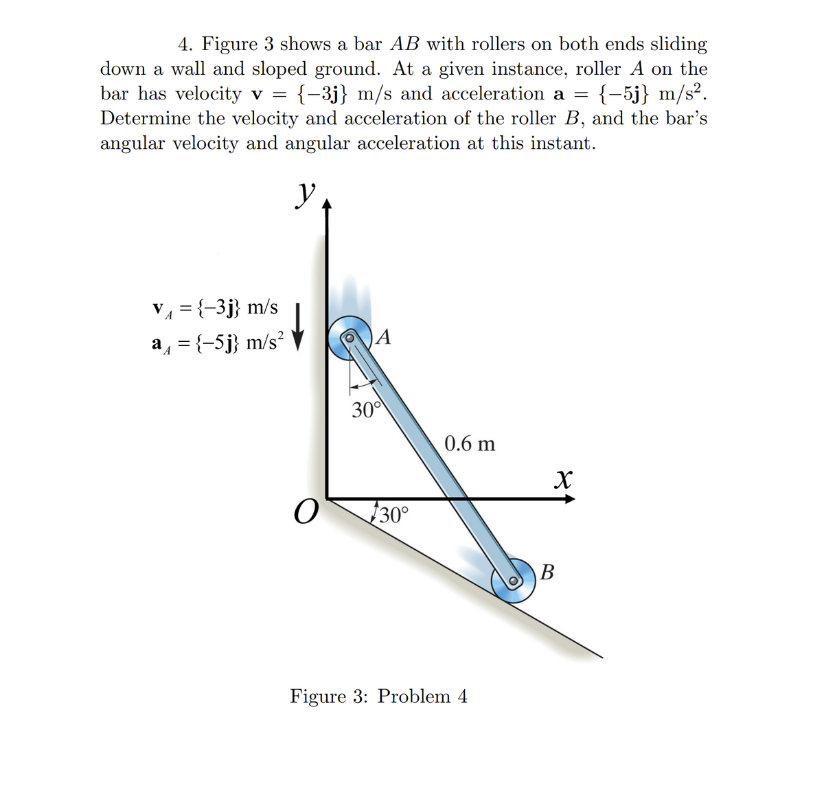 4. Figure 3 shows a bar AB with rollers on both ends sliding
down a wall and sloped ground. At a given instance, roller A on the
bar has velocity v = {-3j} m/s and acceleration a = {-5j} m/s².
Determine the velocity and acceleration of the roller B, and the bar's
angular velocity and angular acceleration at this instant.
y
V₁ = {-3j} m/s
A
a₁ = {-5j} m/s²
A
O
A
30°
30°
0.6 m
Figure 3: Problem 4
X
B