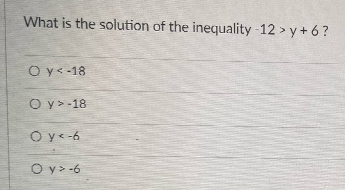 What is the solution of the inequality -12 > y + 6?
O y< -18
Оу» 18
O y< -6
O y>-6
