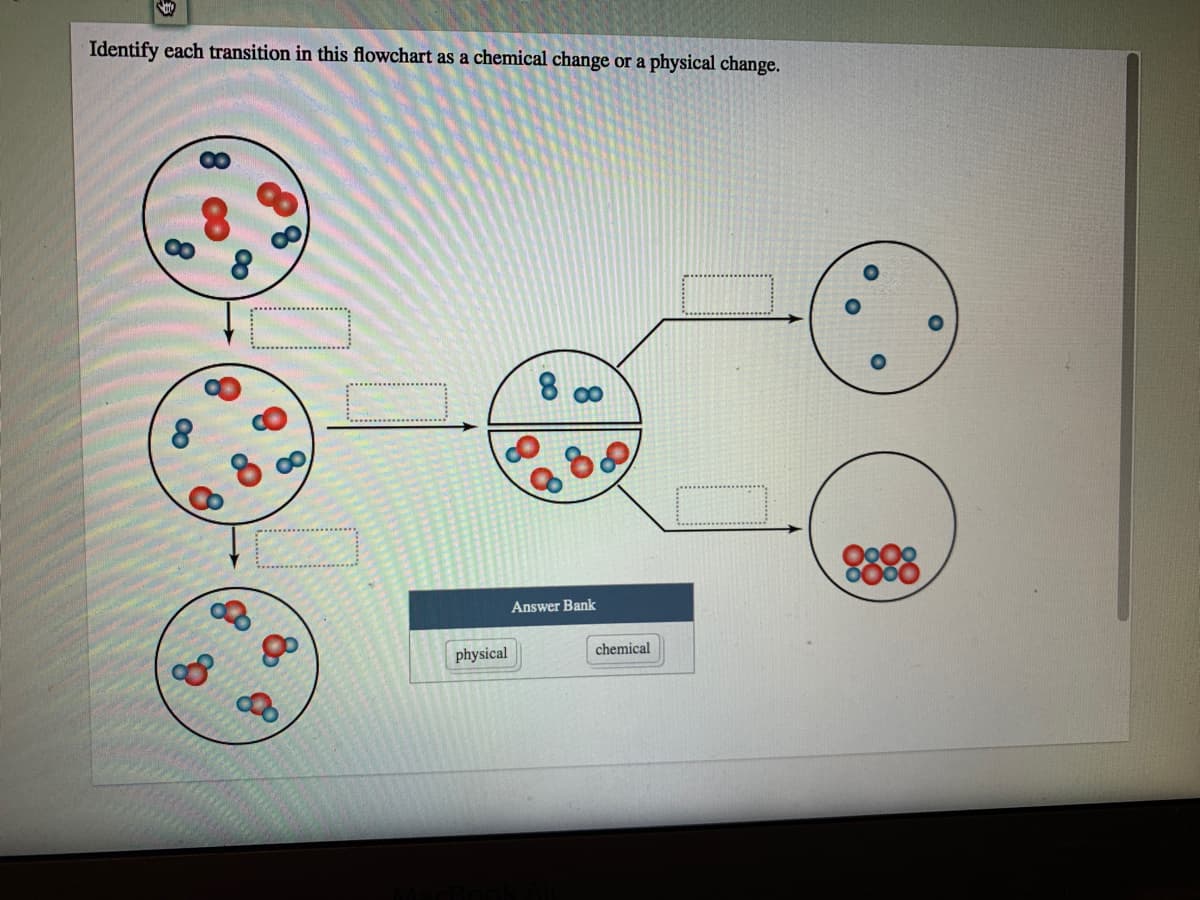 Identify each transition in this flowchart as a chemical change or a physical change.
8 00
8.
Answer Bank
chemical
physical
