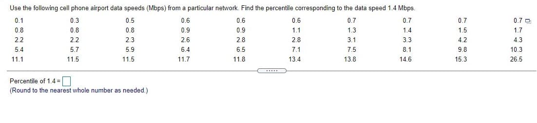 Use the following cell phone airport data speeds (Mbps) from a particular network. Find the percentile corresponding to the data speed 1.4 Mbps.
0.1
0.3
0.5
0.6
0.6
0.6
0.7
0.7
0.7
0.7 D
0.8
0.8
0.8
0.9
0.9
1.1
1.3
1.4
1.5
1.7
2.2
2.2
2.3
2.6
2.8
2.8
3.1
3.3
4.2
4.3
5.4
5.7
5.9
6.4
6.5
7.1
7.5
8.1
9.8
10.3
11.1
11.5
11.5
11.7
11.8
13.4
13.8
14.6
15.3
26.5
.....
Percentile of 1.4 =
(Round to the nearest whole number as needed.)
