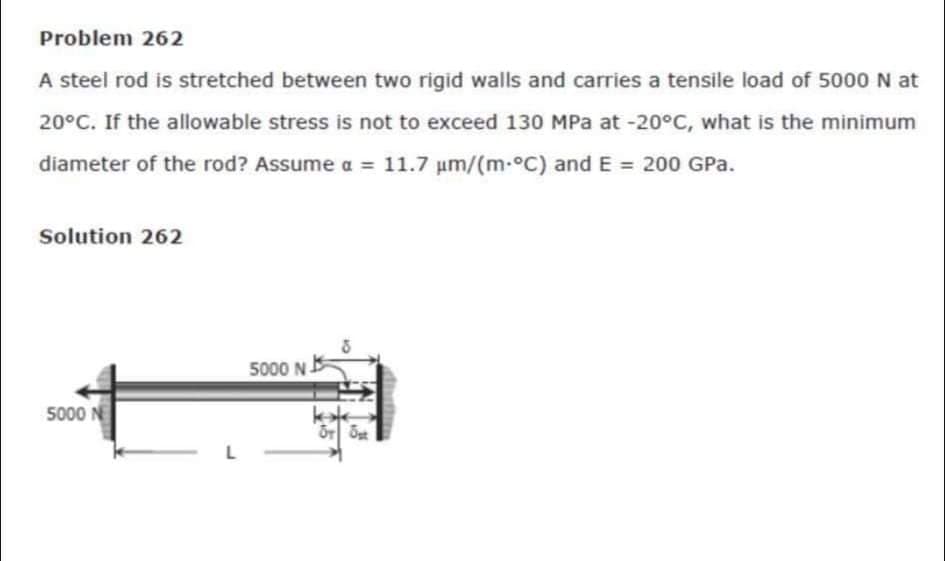 Problem 262
A steel rod is stretched between two rigid walls and carries a tensile load of 5000 N at
20°C. If the allowable stress is not to exceed 130 MPa at -20°C, what is the minimum
diameter of the rod? Assume a = 11.7 µm/(m-°C) and E = 200 GPa.
Solution 262
5000 N
5000 N
L
