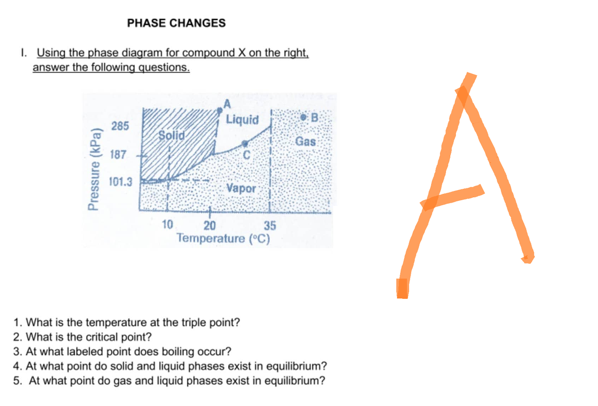 PHASE CHANGES
1. Using the phase diagram for compound X on the right,
answer the following questions.
A
Liquid
285
OB
Gas
Solid
187
101.3
Vapor
10 20
35
Temperature (°C)
Pressure (kPa)
1. What is the temperature at the triple point?
2. What is the critical point?
3. At what labeled point does boiling occur?
4. At what point do solid and liquid phases exist in equilibrium?
5. At what point do gas and liquid phases exist in equilibrium?
A