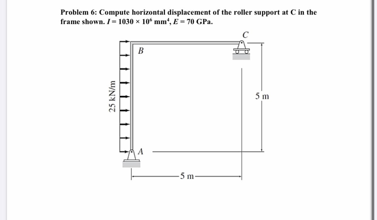 Problem 6: Compute horizontal displacement of the roller support at C in the
frame shown. I= 1030 × 106 mm“, E = 70 GPa.
