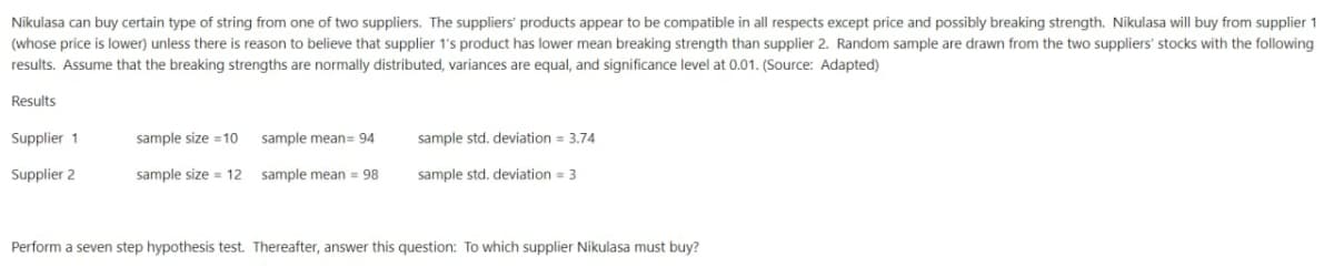 Nikulasa can buy certain type of string from one of two suppliers. The suppliers' products appear to be compatible in all respects except price and possibly breaking strength. Nikulasa will buy from supplier 1
(whose price is lower) unless there is reason to believe that supplier 1's product has lower mean breaking strength than supplier 2. Random sample are drawn from the two suppliers' stocks with the following
results. Assume that the breaking strengths are normally distributed, variances are equal, and significance level at 0.01. (Source: Adapted)
Results
Supplier 1
sample size =10
sample mean= 94
sample std. deviation = 3.74
Supplier 2
sample size = 12
sample mean = 98
sample std. deviation = 3
Perform a seven step hypothesis test. Thereafter, answer this question: To which supplier Nikulasa must buy?
