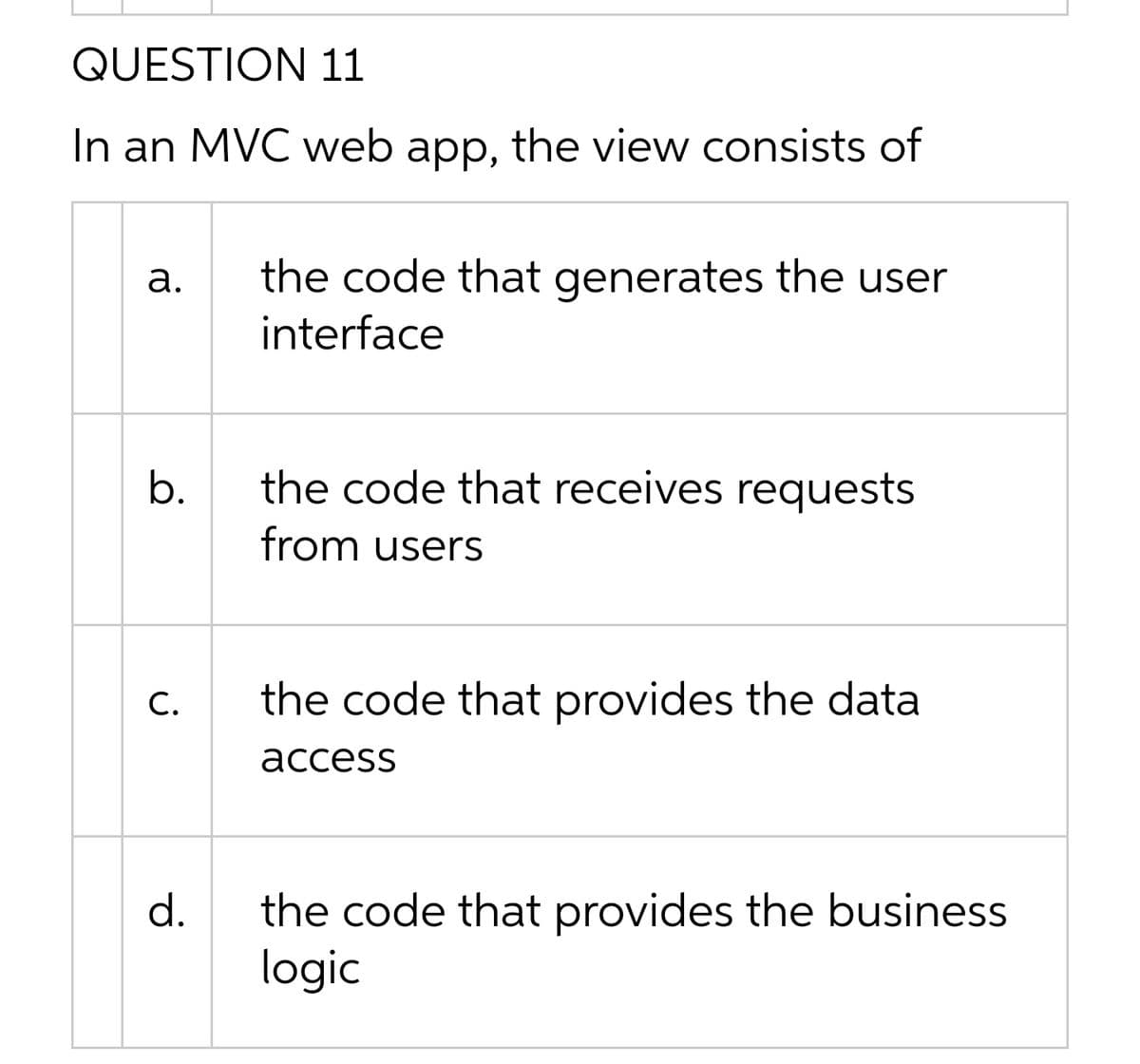 QUESTION 11
In an MVC web app, the view consists of
а.
the code that generates the user
interface
b.
the code that receives requests
from users
С.
the code that provides the data
асcess
d.
the code that provides the business
logic
