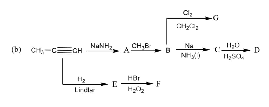 Cl2
-G
CH2CI2
NANH2.
А
CH3BR
H20
C
Na
(b) CH3-C =CH
В
NH3(1)
D
H2SO4
HBr
E
H2O2
H2
F
Lindlar

