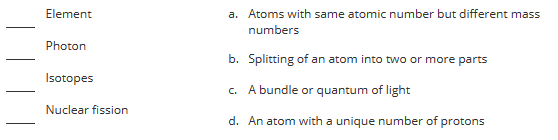 Element
Photon
Isotopes
Nuclear fission
a. Atoms with same atomic number but different mass
numbers
b. Splitting of an atom into two or more parts
c. A bundle or quantum of light
d. An atom with a unique number of protons