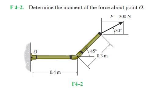 F4-2. Determine the moment of the force about point O.
F = 300 N
\30°
45°
0.3 m
0.4 m
F4-2
