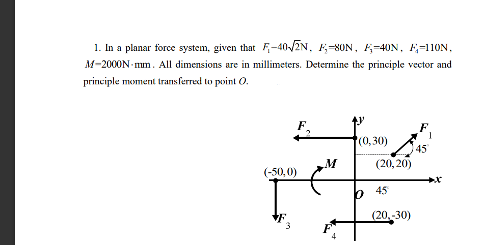 1. In a planar force system, given that F=40√2N, F₂=80N, F₂=40N, F₂=110N,
M=2000N mm. All dimensions are in millimeters. Determine the principle vector and
principle moment transferred to point O.
F
(-50,0)
3
(0,30)
M
²² þ
F
(20,20)
45
(20,-30)
F
45