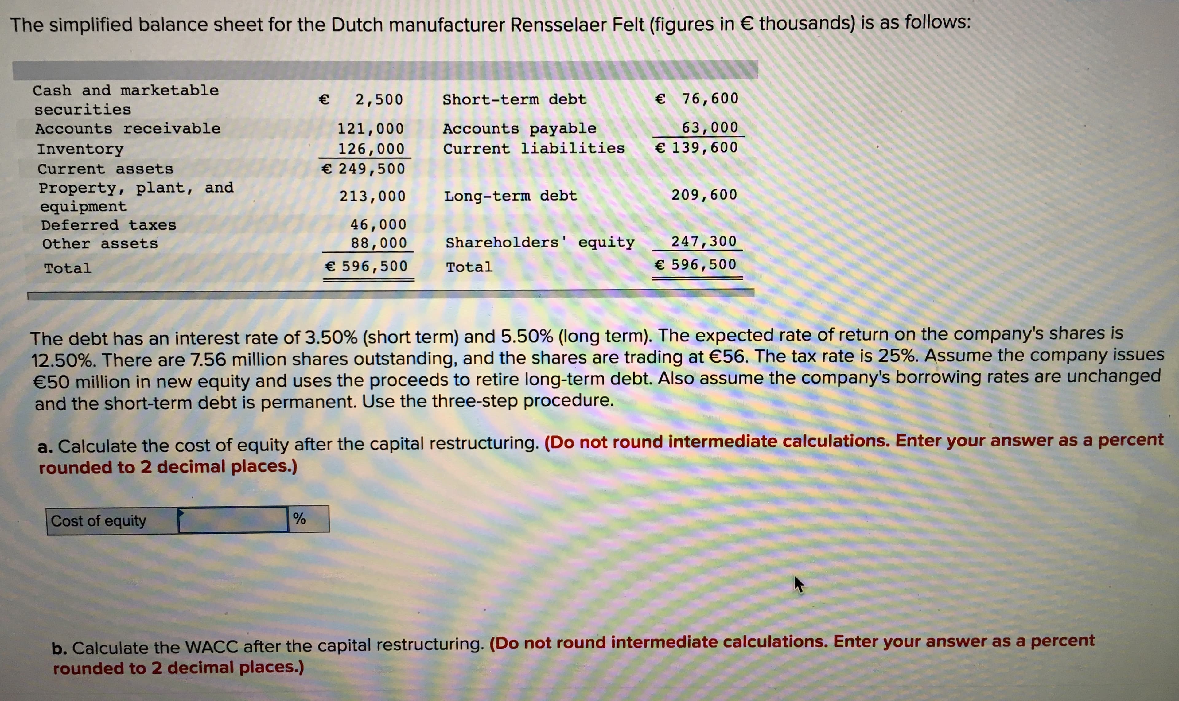 The simplified balance sheet for the Dutch manufacturer Rensselaer Felt (figures in € thousands) is as follows:
Cash and marketable
€ 76,600
Short-term debt
2,500
securities
63,000
€ 139,600
Accounts receivable
121,000
126,000
Accounts payable
Inventory
Current liabilities
€ 249,500
Current assets
Property, plant, and
equipment
209,600
213,000
Long-term debt
46,000
88,000
Deferred taxes
Shareholders' equity
247,300
Other assets
€ 596,500
€ 596,500
Total
Total
The debt has an interest rate of 3.50% (short term) and 5.50% (long term). The expected rate of return on the company's shares is
12.50%. There are 7.56 million shares outstanding, and the shares are trading at €56. The tax rate is 25%. Assume the company issues
50 million in new equity and uses the proceeds to retire long-term debt. Also assume the company's borrowing rates are unchanged
and the short-term debt is permanent. Use the three-step procedure.
a. Calculate the cost of equity after the capital restructuring. (Do not round intermediate calculations. Enter your answer as a percent
rounded to 2 decimal places.)
Cost of equity
b. Calculate the WACC after the capital restructuring. (Do not round intermediate calculations. Enter your answer as a percent
rounded to 2 decimal places.)
96
