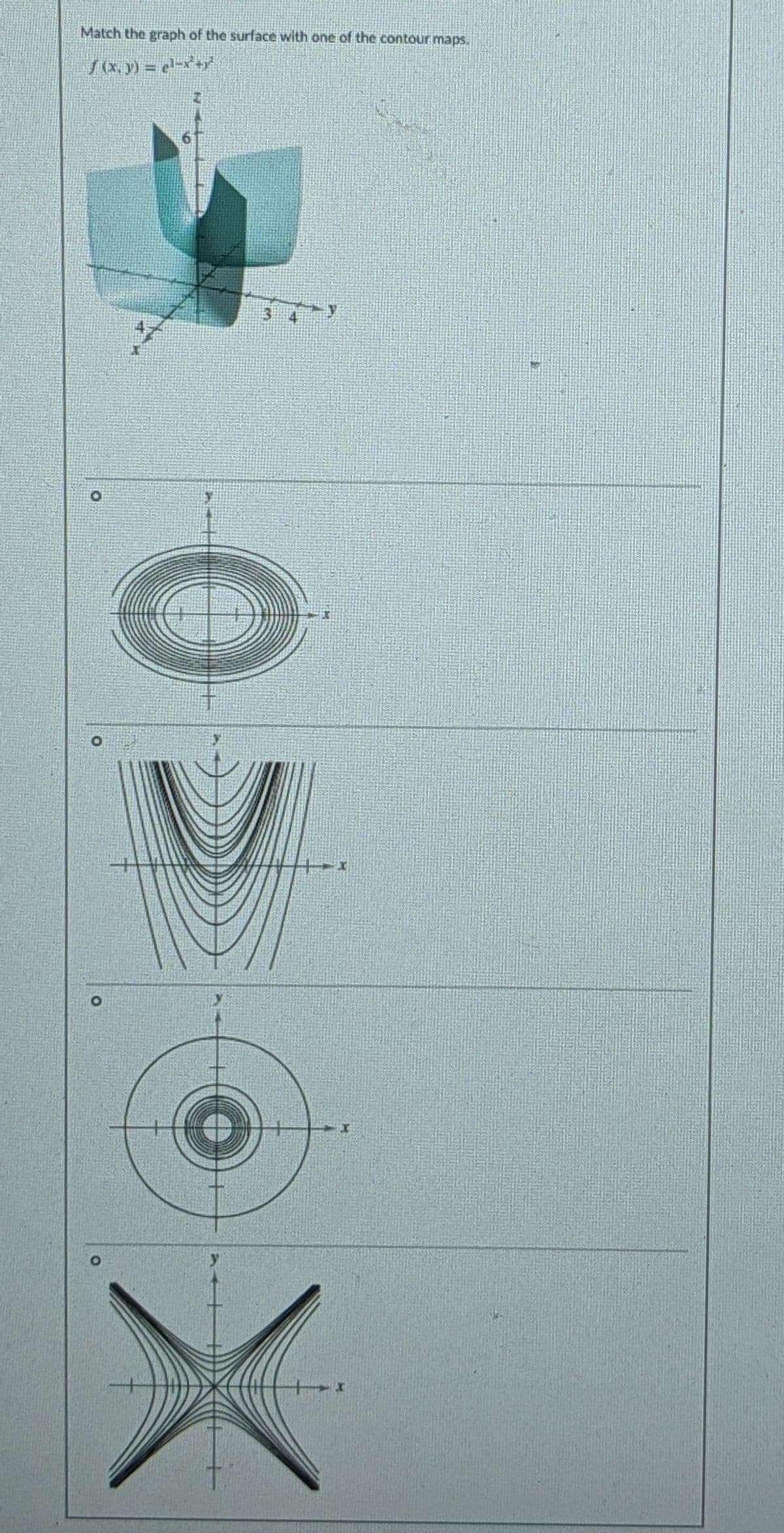 Match the graph of the surface with one of the contour maps.
/,y) = el>*+y
