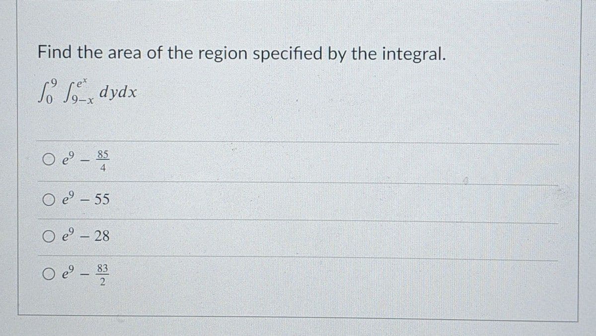 Find the area of the region specified by the integral.
Lodydx
85
4
O ° - 55
O eº – 28
83
O e
