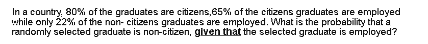 In a country, 80% of the graduates are citizens,65% of the citizens graduates are employed
while only 22% of the non- citizens graduates are employed. What is the probability that a
randomly selected graduate is non-citizen, given that the selected graduate is employed?
