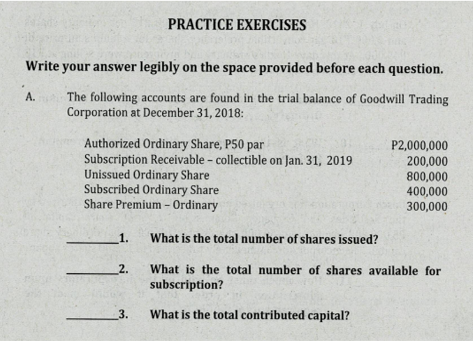 PRACTICE EXERCISES
Write your answer legibly on the space provided before each question.
А.
The following accounts are found in the trial balance of Goodwill Trading
Corporation at December 31, 2018:
Authorized Ordinary Share, P50 par
Subscription Receivable - collectible on Jan. 31, 2019
Unissued Ordinary Share
Subscribed Ordinary Share
Share Premium – Ordinary
P2,000,000
200,000
800,000
400,000
300,000
1.
What is the total number of shares issued?
2.
What is the total number of shares available for
subscription?
3.
What is the total contributed capital?
