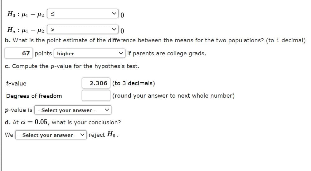Ho : µ1 – 42
Ha : µ1 – µ2
b. What is the point estimate of the difference between the means for the two populations? (to 1 decimal)
67 points higher
if parents are college grads.
c. Compute the p-value for the hypothesis test.
t-value
2.306 (to 3 decimals)
Degrees of freedom
(round your answer to next whole number)
p-value is
Select your answer -
d. At a = 0.05, what is your conclusion?
We
Select your answer -
reject Ho.
