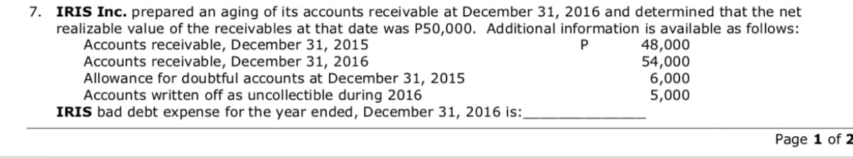 7. IRIS Inc. prepared an aging of its accounts receivable at December 31, 2016 and determined that the net
realizable value of the receivables at that date was P50,000. Additional information is available as follows:
Accounts receivable, December 31, 2015
Accounts receivable, December 31, 2016
Allowance for doubtful accounts at December 31, 2015
Accounts written off as uncollectible during 2016
IRIS bad debt expense for the year ended, December 31, 2016 is:
48,000
54,000
6,000
5,000
P
Page 1 of 2
