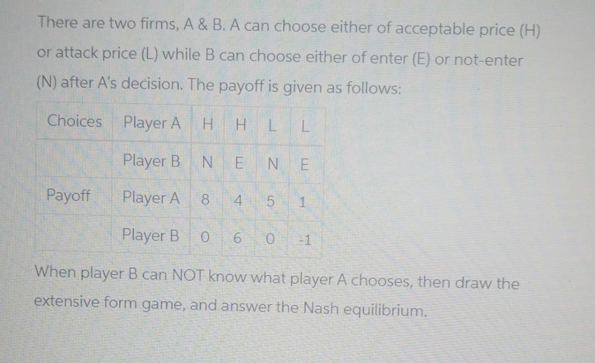 There are two firms, A & B. A can choose either of acceptable price (H)
or attack price (L) while B can choose either of enter (E) or not-enter
(N) after A's decision. The payoff is given as follows:
Choices
Player A
H
HLL
Player B
N
E
NE
Payoff
Player A
8
4 5
Player B
6
When player B can NOT know what player A chooses, then draw the
extensive form game, and answer the Nash equilibrium.
T