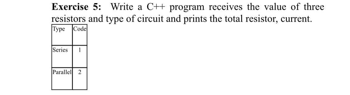 Exercise 5: Write a C++ program receives the value of three
resistors and type of circuit and prints the total resistor, current.
Туре
Code
Series
Parallel 2
